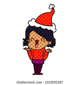 hand drawn comic book style illustration of a happy woman wearing santa hat