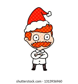 handgezeichnete Comicbuchillustration für einen Mann mit geschocktem Schnurrbart mit Santamhut