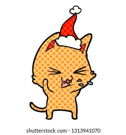 hand drawn comic book style illustration of a cat hissing wearing santa hat