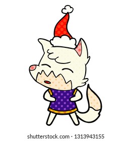 hand drawn comic book style illustration of a fox wearing santa hat