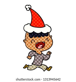 hand drawn comic book style illustration of a happy boy laughing and running away wearing santa hat