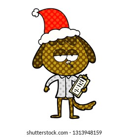 hand drawn comic book style illustration of a bored dog in office clothes wearing santa hat
