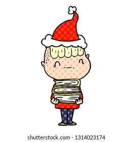 hand drawn comic book style illustration of a friendly boy with books wearing santa hat