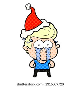 hand drawn comic book style illustration of a crying man wearing santa hat