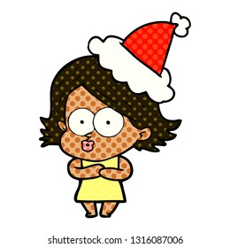 hand drawn comic book style illustration of a girl pouting wearing santa hat