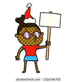 hand drawn comic book style illustration of a woman wearing glasses wearing santa hat