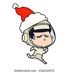 hand drawn comic book style illustration of a stressed astronaut wearing santa hat
