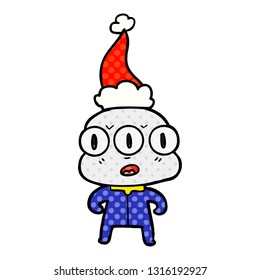 ilustración a mano de un extraterrestre de tres ojos con sombrero santa