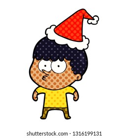 hand drawn comic book style illustration of a curious boy wearing santa hat