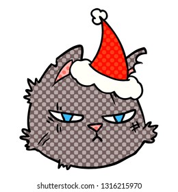 hand drawn comic book style illustration of a tough cat face wearing santa hat