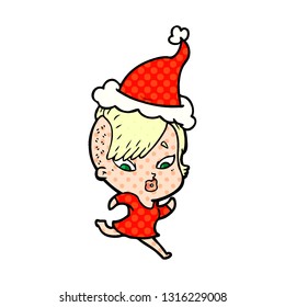 hand drawn comic book style illustration of a surprised girl wearing santa hat