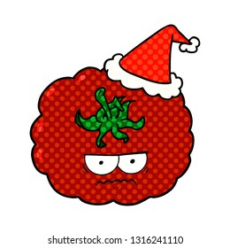hand drawn comic book style illustration of a angry tomato wearing santa hat
