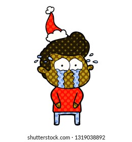 hand drawn comic book style illustration of a crying man wearing santa hat