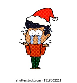 hand drawn comic book style illustration of a crying man wearing santa hat