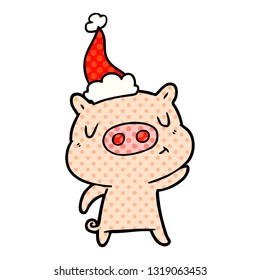 ilustración de estilo de historieta dibujada a mano de un cerdo con sombrero santa