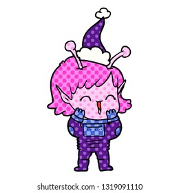 ilustración a mano del estilo de un libro de historietas de una chica extranjera riéndose usando sombrero santa