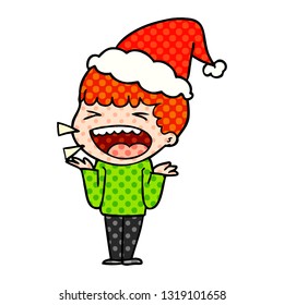 hand drawn comic book style illustration of a laughing man wearing santa hat
