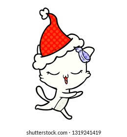 hand drawn comic book style illustration of a cat with bow on head wearing santa hat