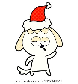 hand drawn comic book style illustration of a bored dog wearing santa hat
