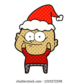 handgezeichnete Comicbuchgrafik eines kahlen Mannes, der mit Santa-Hut starrt