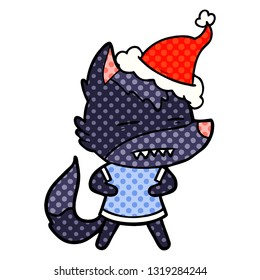 hand drawn comic book style illustration of a wolf showing teeth wearing santa hat
