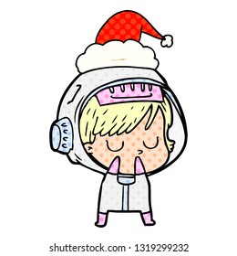 hand drawn comic book style illustration of a astronaut woman wearing santa hat