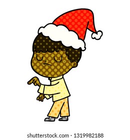 hand drawn comic book style illustration of a grumpy boy wearing santa hat