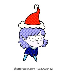 hand drawn comic book style illustration of a elf girl staring and crouching wearing santa hat