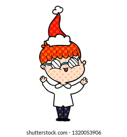hand drawn comic book style illustration of a boy wearing spectacles wearing santa hat