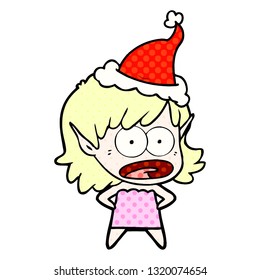 hand drawn comic book style illustration of a shocked elf girl wearing santa hat