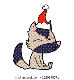 hand drawn comic book style illustration of a wolf whistling wearing santa hat