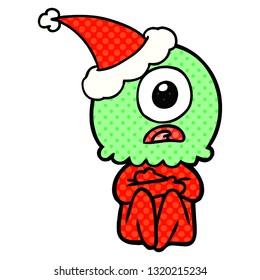 desenho à mão ilustração estilo quadrinhos de um homem espacial alienígena ciclope vestindo chapéu de santa