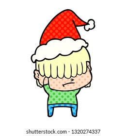 hand drawn comic book style illustration of a boy with untidy hair wearing santa hat