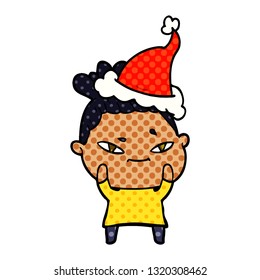 hand drawn comic book style illustration of a woman wearing santa hat