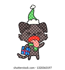 hand drawn comic book style illustration of a disgusted dog with christmas gift wearing santa hat