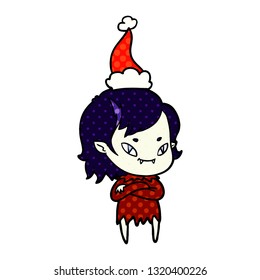 hand drawn comic book style illustration of a friendly vampire girl wearing santa hat
