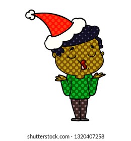 hand drawn comic book style illustration of a man talking and shrugging shoulders wearing santa hat