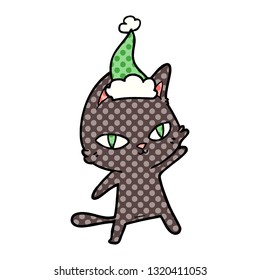 hand drawn comic book style illustration of a cat staring wearing santa hat