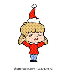 handgezeichnete Comicbuchgrafik einer besorgten Frau mit Santa-Hut