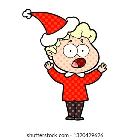 hand drawn comic book style illustration of a man gasping in surprise wearing santa hat