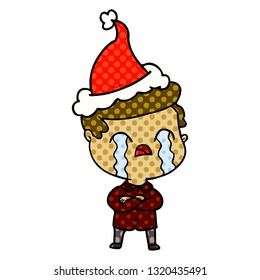 hand drawn comic book style illustration of a man crying wearing santa hat