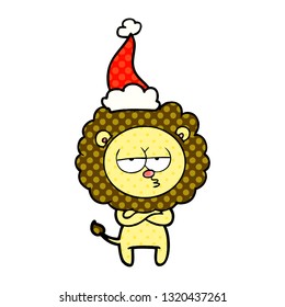 hand drawn comic book style illustration of a tired lion wearing santa hat