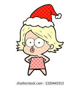 hand drawn comic book style illustration of a girl pouting wearing santa hat