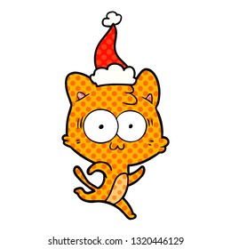 hand drawn comic book style illustration of a surprised cat running wearing santa hat