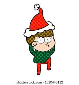hand drawn comic book style illustration of a curious boy rubbing eyes in disbelief wearing santa hat