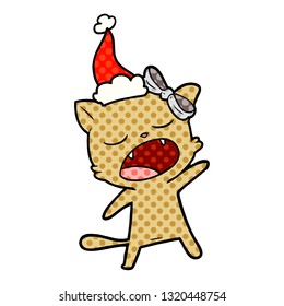 handgezeichnete Comicbuchgrafik einer singenden Katze mit Santa-Hut