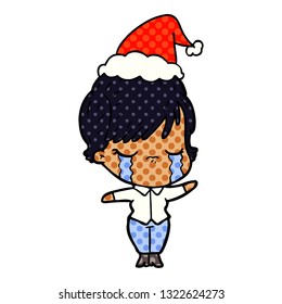 ilustración de un libro de historietas dibujado a mano de una mujer llorando usando sombrero santa