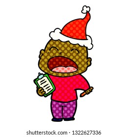 hand drawn comic book style illustration of a shouting bald man wearing santa hat