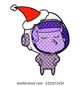 hand drawn comic book style illustration of a confident astronaut wearing santa hat