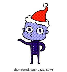 hand drawn comic book style illustration of a weird bald spaceman wearing santa hat